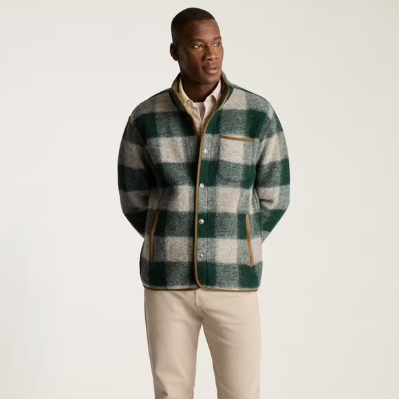 NEW BONOBOS Men Italian Virgin Wool Fleece Jacket Plaid green/gray 725 5m3 - Picture 1 of 8